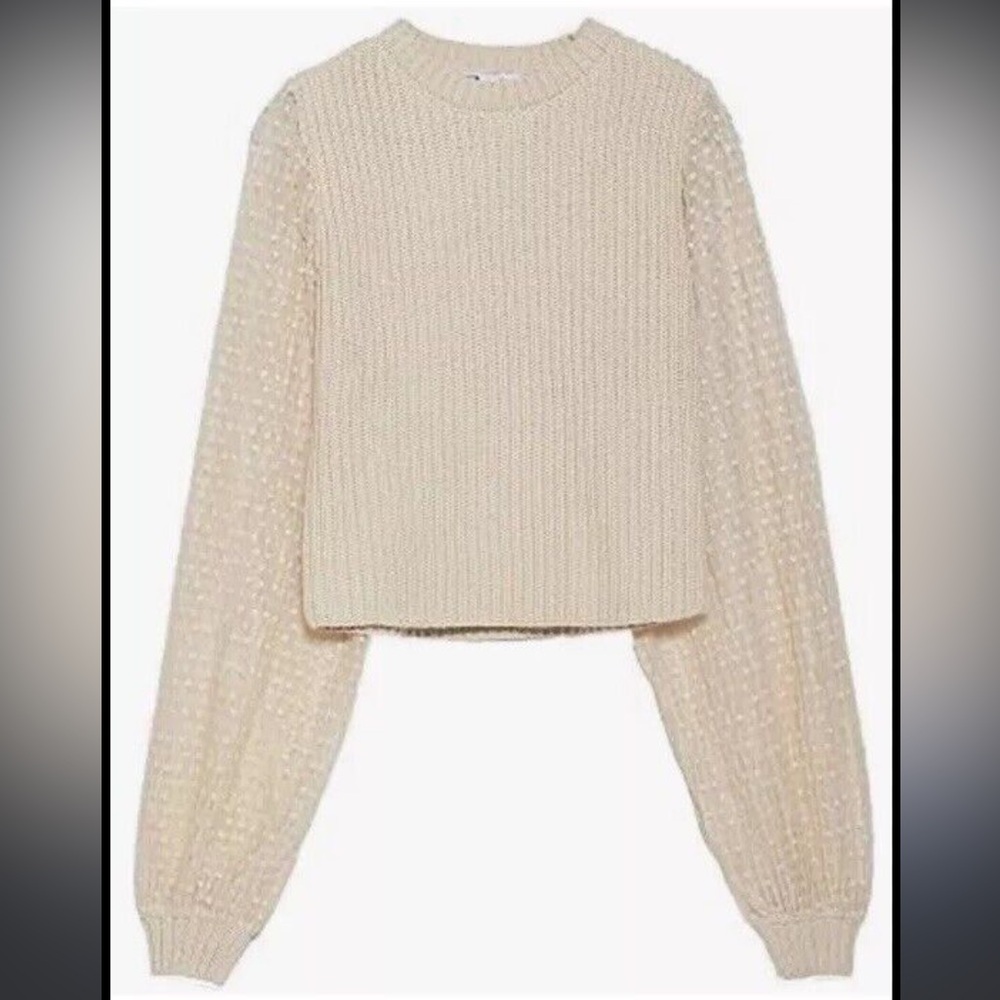 Zara Cream Knit Pullover with Polka Dot Sheer Balloon Sleeves, Size S